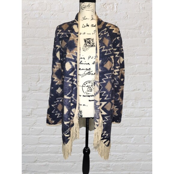 Lucky Brand Southwestern Boucle Cardigan Womens SM Blue Aztec Tribal Open Front - Picture 1 of 6